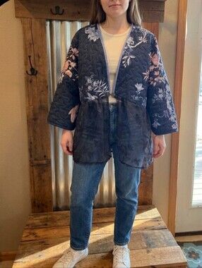 Upcycled Navy Blue Floral Quilted Jacket L-XL Vtg Lace Peplum Dont Throw It Out